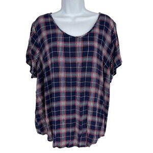 Torrid Blue Pink Plaid Short Sleeve V-Neck Button Back Blouse Shirt Size 2X‎